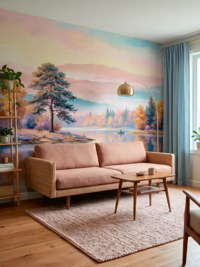 Фотообои "Тихий бор" арт:10004 с нежным природным пейзажем в розово голубых тонах в интерьере гостинной 2