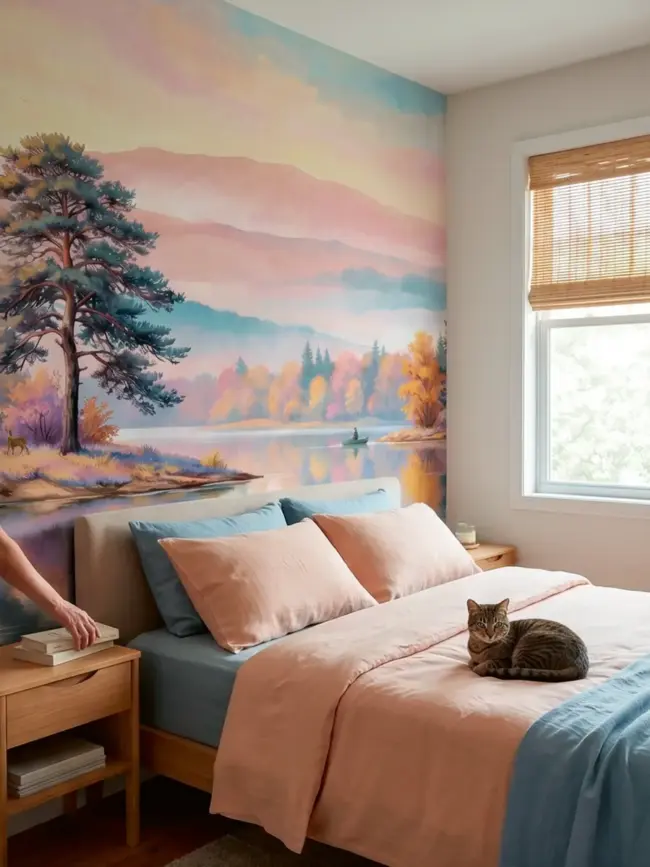 Фотообои "Тихий бор" арт:10004 с нежным природным пейзажем в розово голубых тонах в интерьере спальной комнаты