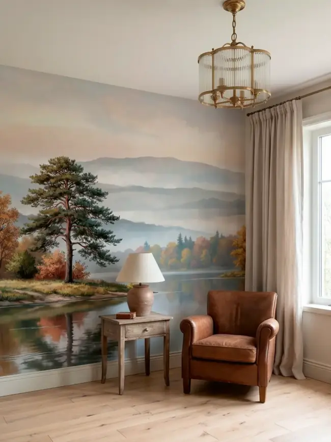 Фотообои "Тихий бор" арт:10005 Спокойный лесной пейзаж с озером, деревьями и мягкими природными оттенками для кабинета