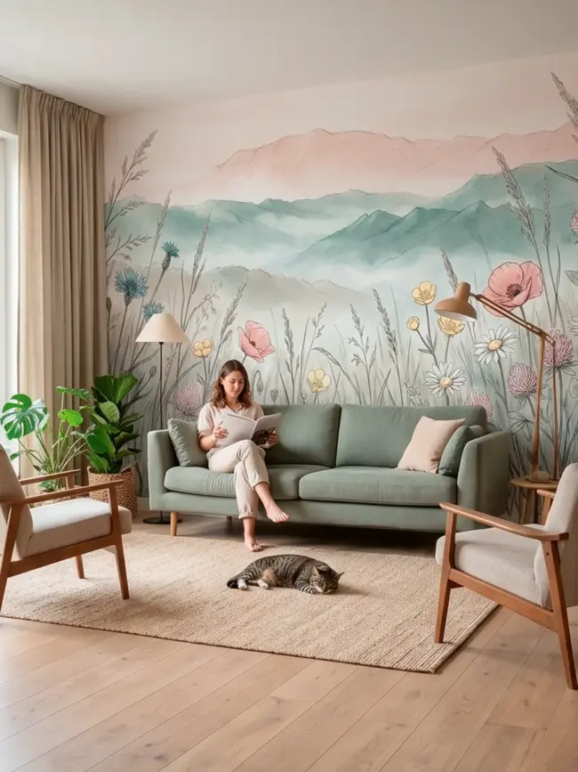 Спокойный акварельный настенный сюжет "Горы спокойного луга 2" арт:10009 с горами и полевыми растениями с близкого ракурса для гостиной