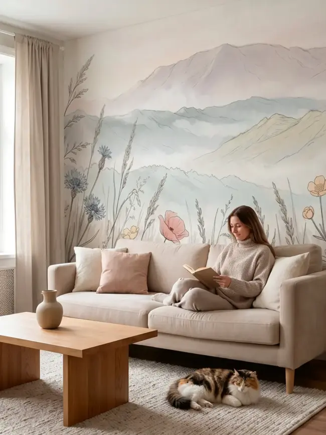 Спокойный акварельный настенный сюжет "Горы спокойного луга 2" арт:10010 с горами и полевыми растениями для гостиной комнаты