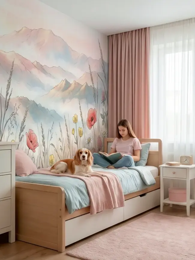 Спокойный акварельный настенный сюжет "Горы спокойного луга 2" арт:10011 с горами и полевыми растениями для детской комнаты подростка