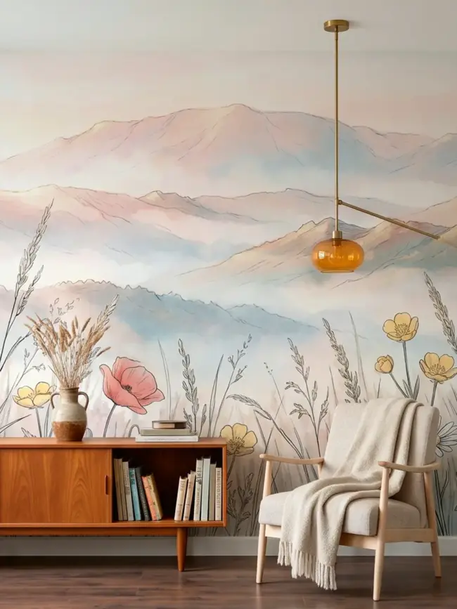 Спокойный акварельный настенный сюжет "Горы спокойного луга" арт:10011 с горами и полевыми растениями для гостиной 3