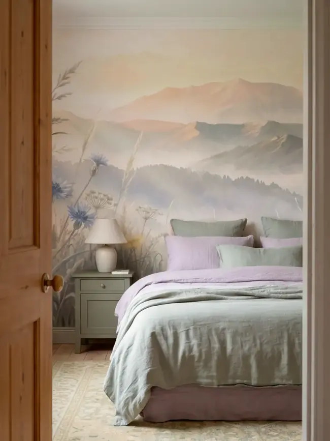 Спокойный акварельный настенный сюжет "Горы спокойного луга" арт:10012 с горами и полевыми растениями для спальной комнаты вариант текстиля