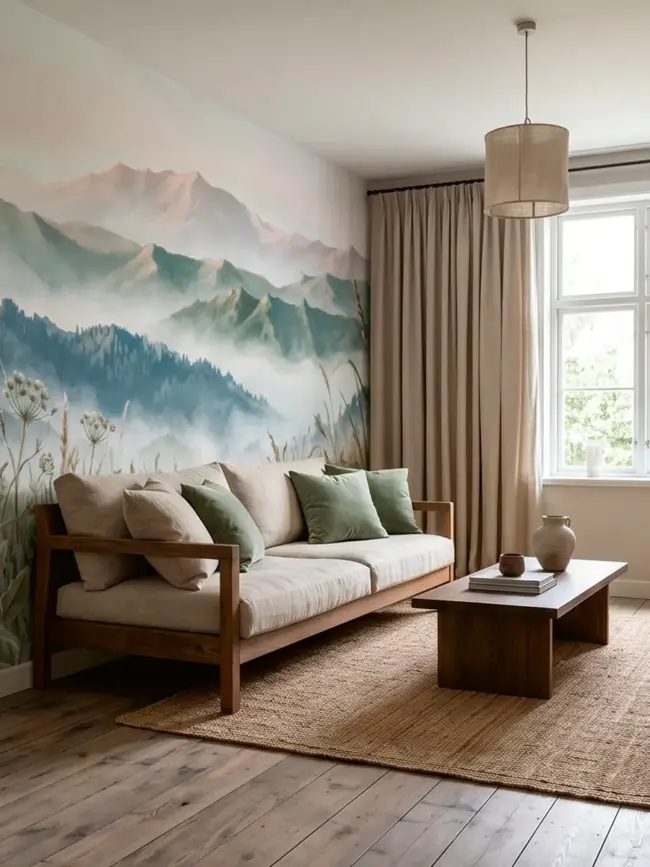Спокойный акварельный настенный сюжет "Горы спокойного луга" арт:10013 с горами и полевыми растениями для гостиной комнаты за диваном в минималистском стиле