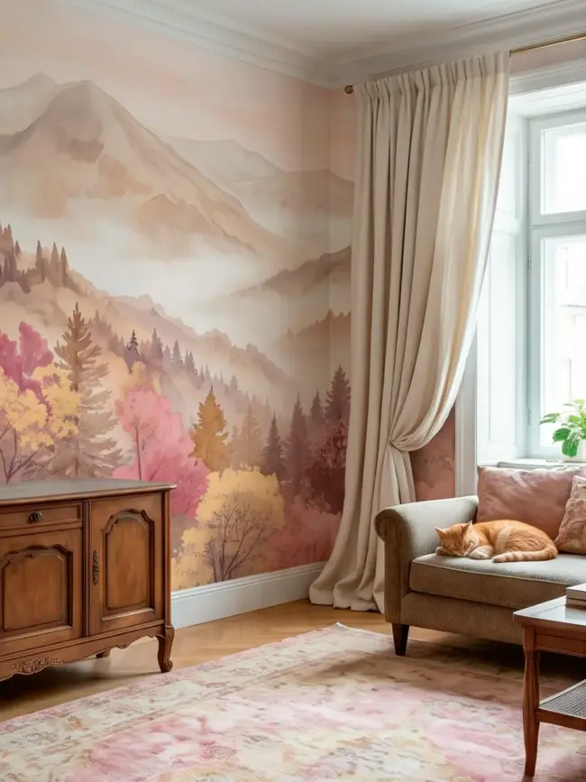 "Горная дымка" арт:10014 акварельный горный пейзаж в пастельных розово-бежевых оттенках в интерьере гостиной
