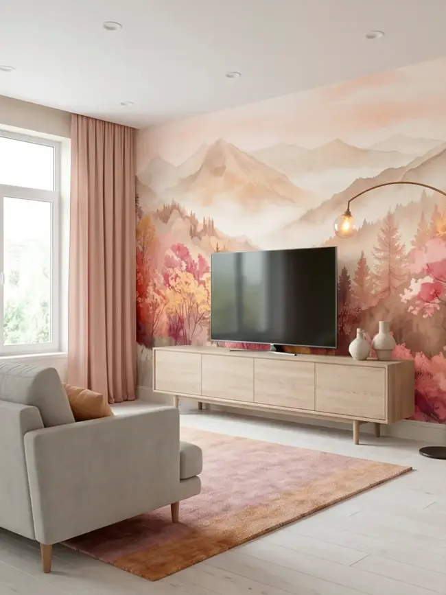 "Горная дымка" арт:10014 акварельный горный пейзаж в пастельных розово-бежевых оттенках в интерьере гостиной с телевизором LED на стене