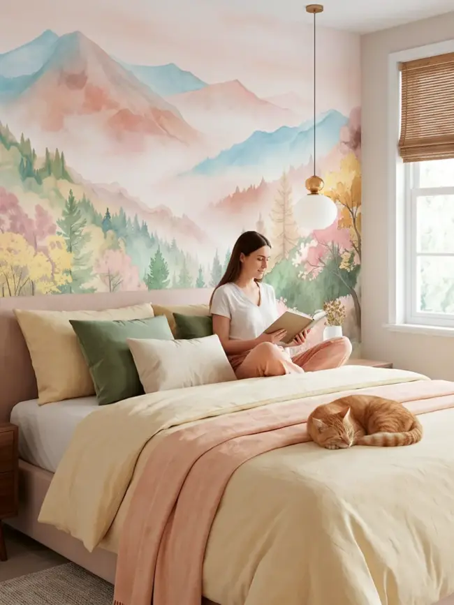 "Горная дымка" арт:10015 акварельный горный пейзаж в пастельных розово-бежевых оттенках в интерьере спальной