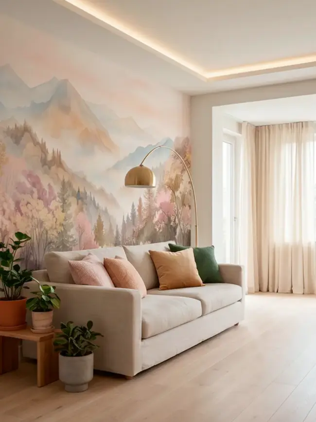 "Горная дымка" арт:10016 акварельный горный пейзаж в пастельных розово-бежевых оттенках в интерьере комнаты гостиной с диваном