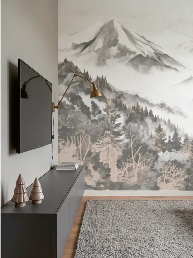 Бесшовные фотообои "Туманный хребет" арт: 10017 горный акварельный пейзаж с лесом и туманной долиной в интерьере гостиной с телевизором на стене