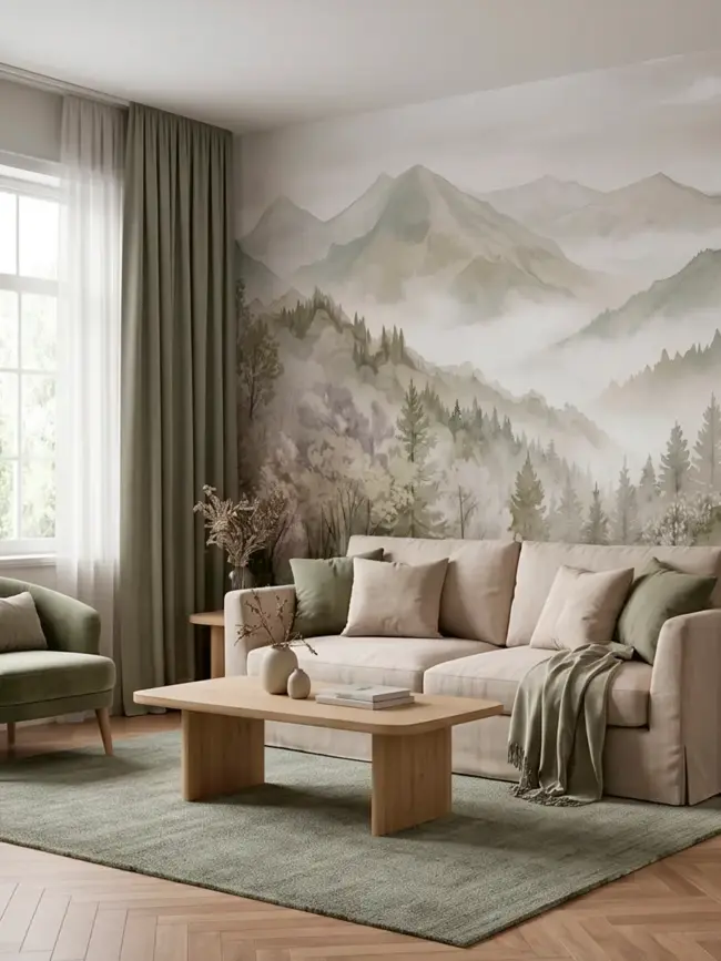 Бесшовные фотообои "Туманный хребет" арт: 10018 горный акварельный пейзаж с лесом и туманной долиной в интерьере гостиной комнаты