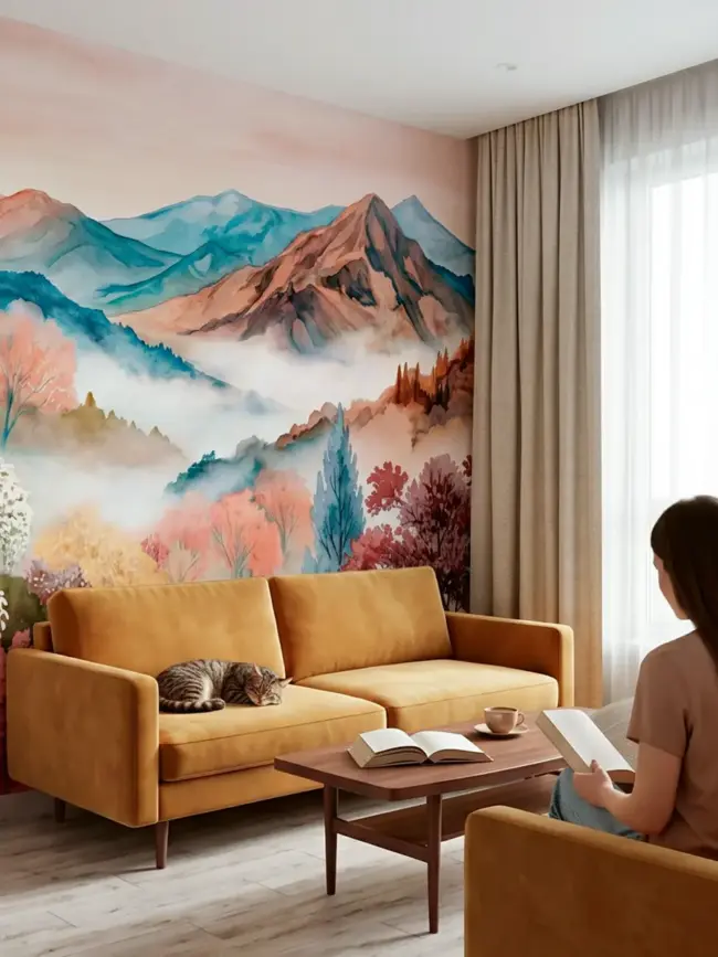 Фотообои "Цветущая горная долина" арт:10020 акварельный пейзаж с горами, туманной долиной и цветущими деревьями в интерьере гостиной комнаты с диваном