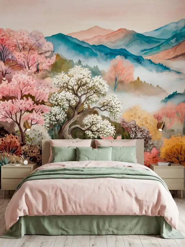 Фотообои "Цветущая горная долина" арт:10020 акварельный пейзаж с горами, туманной долиной и цветущими деревьями в интерьере спальной комнаты