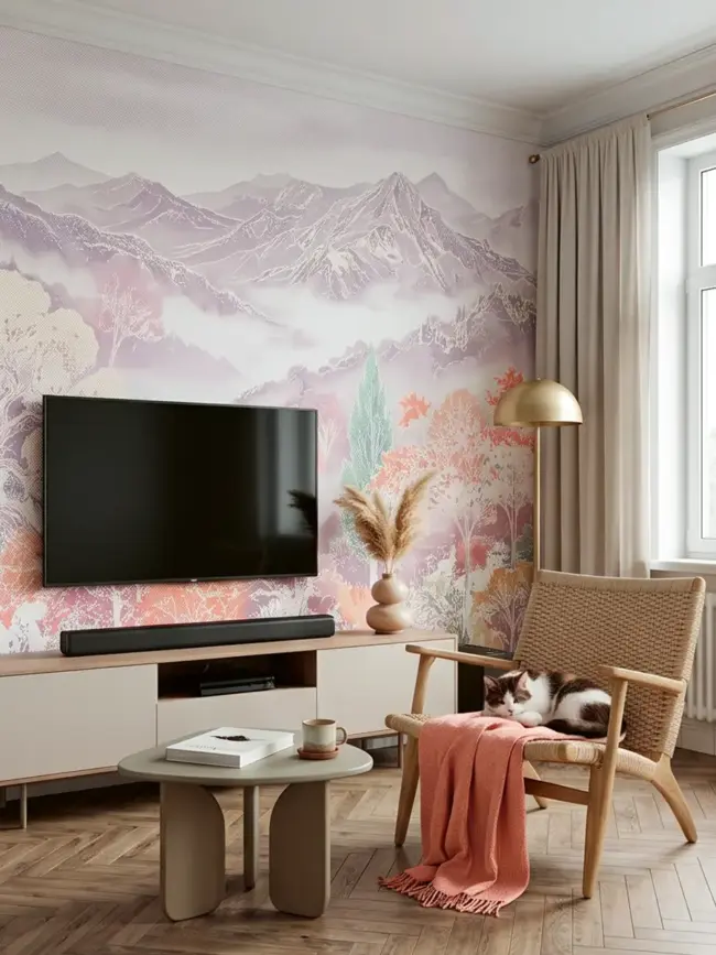 Фотообои "Горная линия" арт:10024 светлый горный пейзаж с лесом и тонкой графикой в интерьере гостиной комнаты с телевизором
