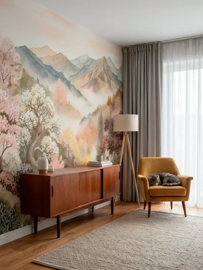 Фотообои "Пастельные горы" арт:10026 нежный пейзаж с горами и туманной долиной в интерьере гостиной за тумбой