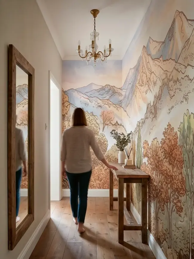 Фотообои "Пастельные горы" арт:10027 нежный пейзаж с горами и туманной долиной в интерьере коридора
