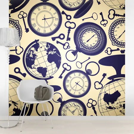 Фотообои Векторный орнамент с часами и глобусом, арт. 43579, пример фотообоев на стене