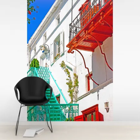 Фотообои Южный дом с ярким балконом, арт. 44188, пример фотообоев на стене