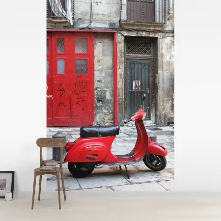 Фотообои Красный скутер во дворе, арт. 44255, пример фотообоев на стене