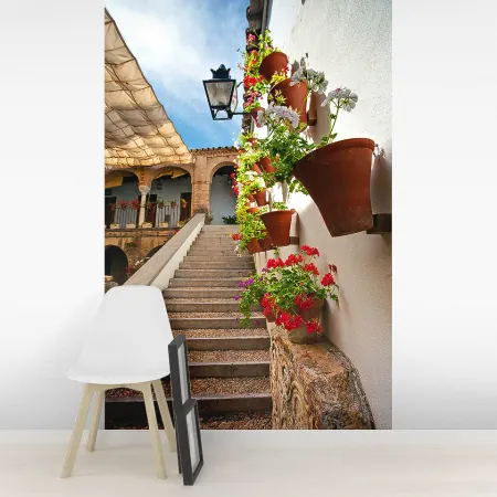 Фотообои Лестница, украшенная цветами, арт. 44263, пример фотообоев на стене