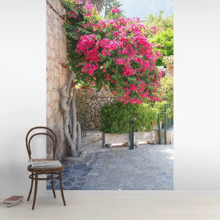 Фотообои Уютная улочка с розовым кустарником, арт. 44272, пример фотообоев на стене