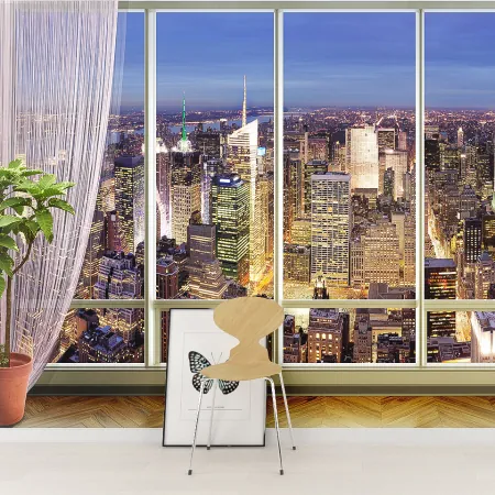 Фотообои Окно с видом на мегаполис, арт. 44414, пример фотообоев на стене