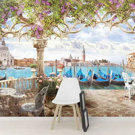 Фотообои Кафе с видом на Венецианский канал, арт. 44433, пример фотообоев на стене