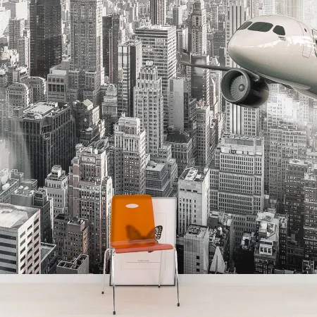Фотообои Самолет над мегаполисом, арт. 45435, пример фотообоев на стене