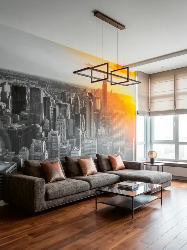 фотообои "Мегаполис гибрид" арт:45473 с мегаполисом и золотым закатом в интерьере гостиной с большим диваном