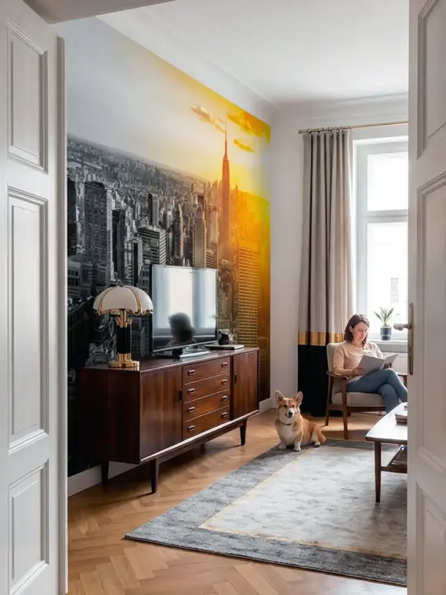 фотообои "Мегаполис гибрид" арт:45473 с мегаполисом и золотым закатом в интерьере гостиной с комодом, креслом и собакой