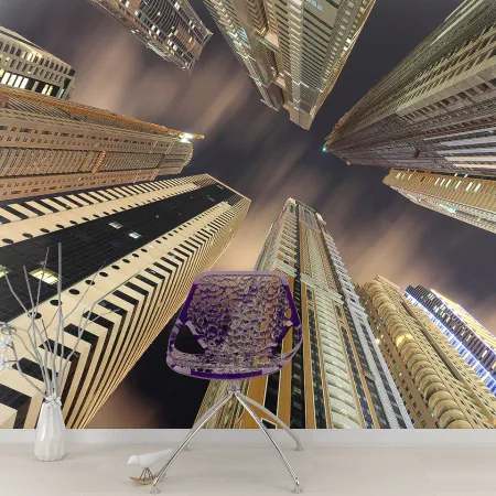 Фотообои Небоскребы Дубай, вид снизу, арт. 45474, пример фотообоев на стене