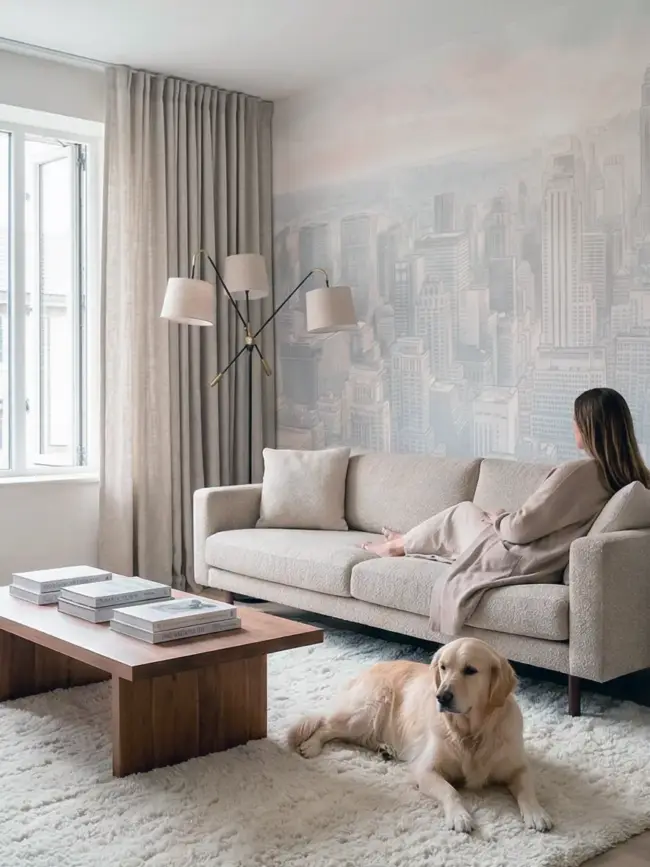 фотообои "Мегаполис гибрид" арт:45475 с бежевой панорамой города в современном интерьере гостиной 2