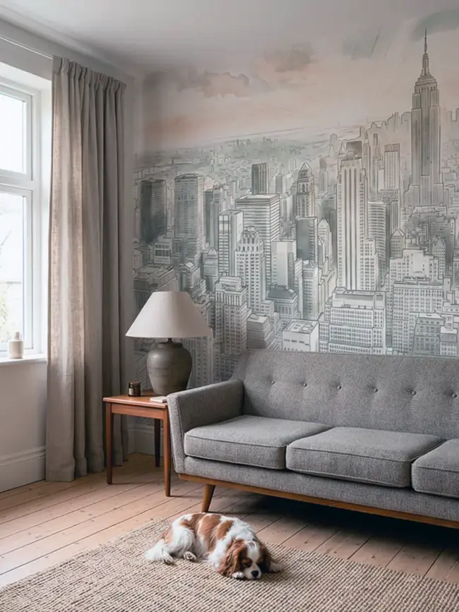 фотообои "Мегаполис гибрид" арт:45476 на стену с бежевым рисунком мегаполиса в интерьере гостиной