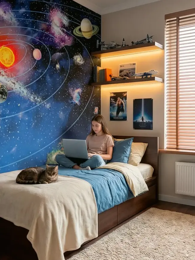 Фотообои: Солнечная система арт:46428 с ярким Солнцем в центре, планетами на орбитах, звездной пылью и галактиками на черном фоне. В интерьере детской 4