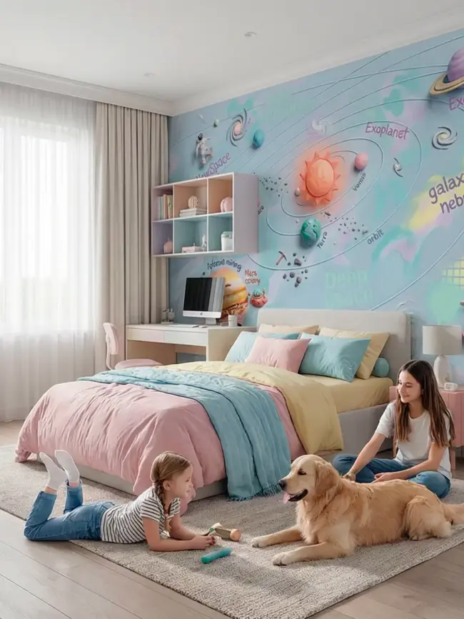 Солнечная система арт:46429. Детские и подростковые фотообои на стену с солнечной системой, астронавтами и планетами в пастельных тонах, вариант в спальне 1