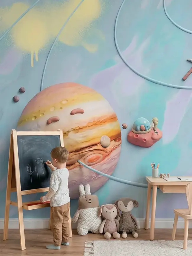 Солнечная система арт:46429. Детские фотообои на стену с солнечной системой, астронавтами и планетами в пастельных тонах. Рисуем детской пример близко