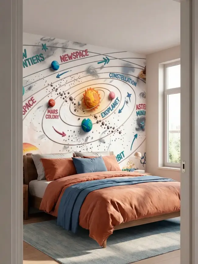 Солнечная система арт:46430. Детские и подростковые фотообои на стену с солнечной системой, астронавтами и планетами в пастельных тонах, вариант в спальной подростка 1.