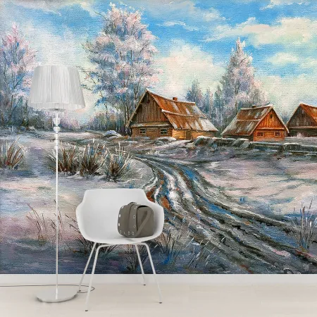 Фотообои Зима в деревне, арт. 49007, пример фотообоев на стене
