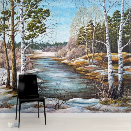 Фотообои Зима в лесу, арт. 49014, пример фотообоев на стене