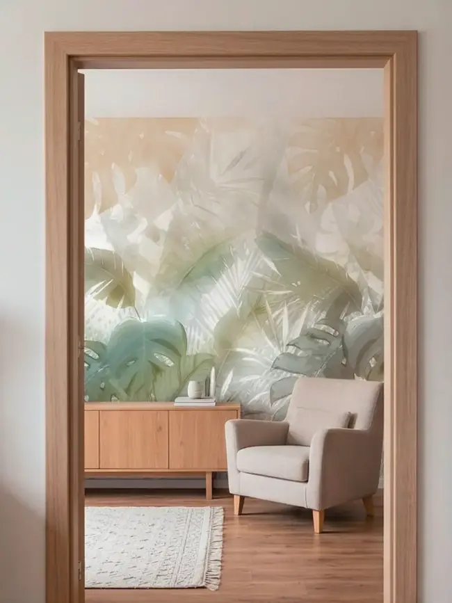Фотообои арт:49125 с тропическими листьями в светлом интерьере комнаты с креслом и деревянной мебелью