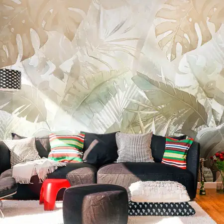 Фотообои тропические листья, арт: 49125, пример фотообоев на стене за диваном в гостиной