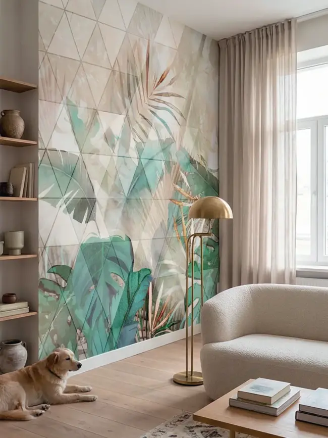 Фотообои арт:49128, с геометрическим узором в виде треугольников и изображением тропических листьев в акварельной технике. Вид в интерьере гостиной 2