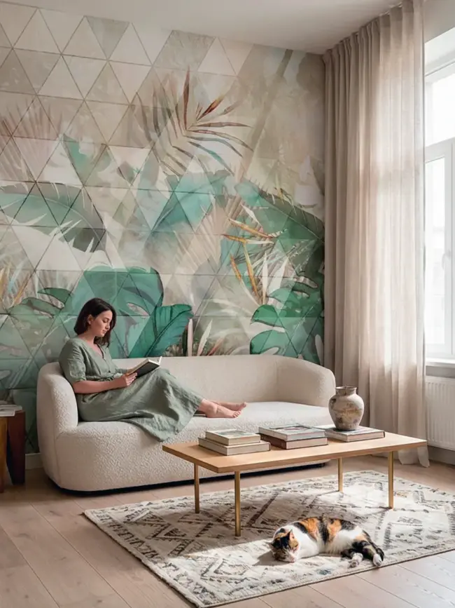Фотообои арт:49128, с геометрическим узором в виде треугольников и изображением тропических листьев в акварельной технике. Вид в интерьере гостиной