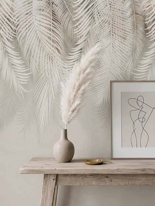 Фотообои арт:49139 с тропическими листьями на светлом фоне. В интерьере увеличенный фрагмент 1