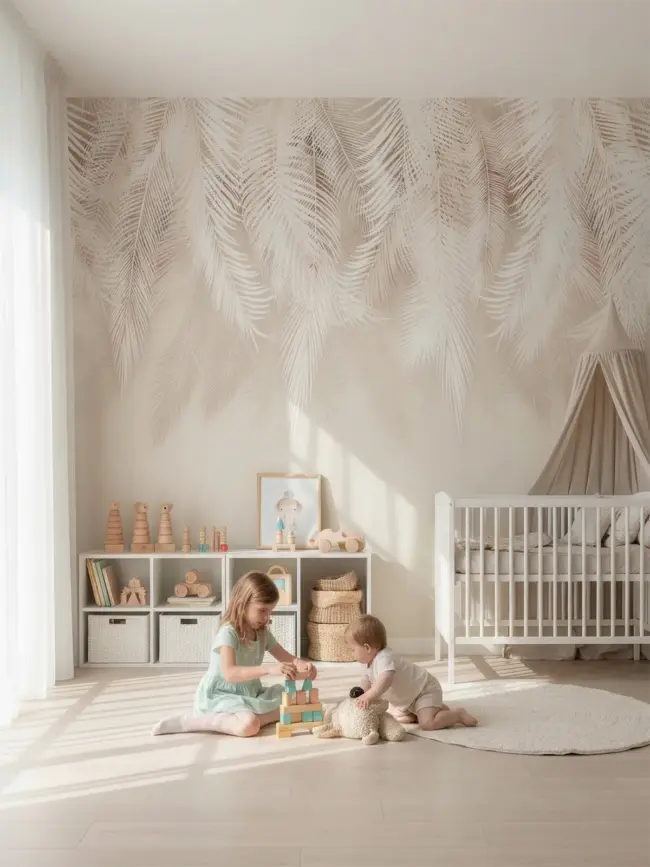 Фотообои арт:49141 с тропическими листьями на светлом фоне. В интерьере детской комнаты