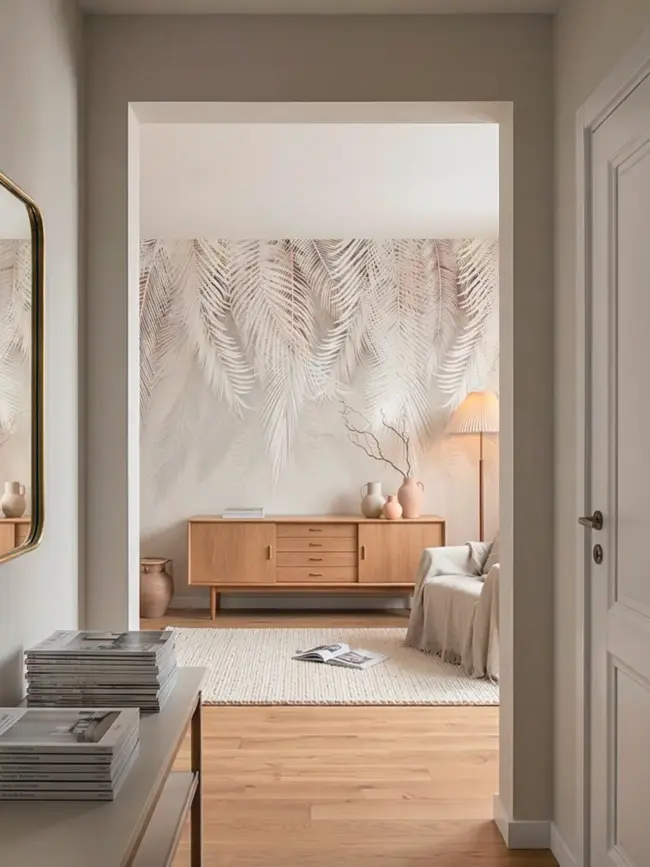 фотообои Пальмовая вуаль арт:49142 с нежными пальмовыми листьями в светлых бежевых тонах для гостиной