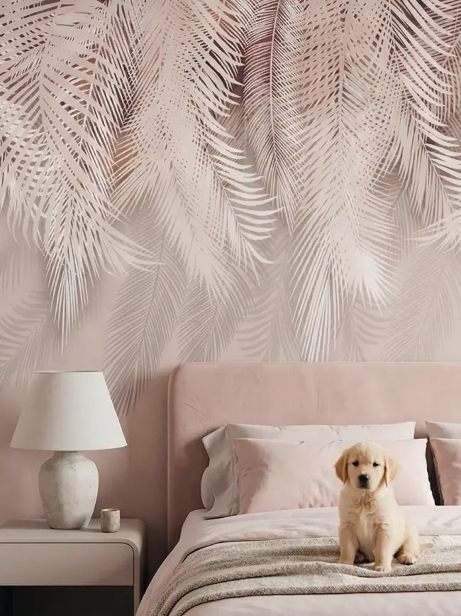 Фотообои арт:49143 с белыми свисающими листьями пальм на нежно-зеленом фоне, создающие тропическую атмосферу. В интерьере спальной комнаты