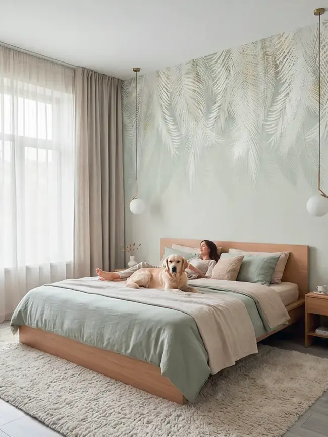Фотообои арт:49144 с белыми свисающими листьями пальм на нежно-зеленом фоне, создающие тропическую атмосферу. В интерьере спальной комнаты