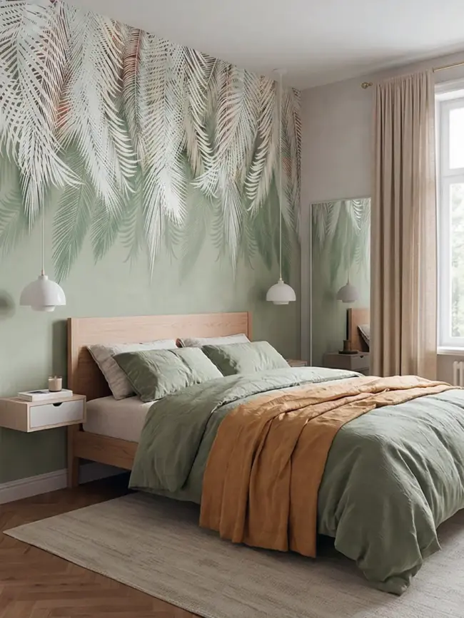 Фотообои арт:49145 с белыми свисающими листьями пальм на нежно-зеленом фоне, создающие тропическую атмосферу. В интерьере спальной комнаты