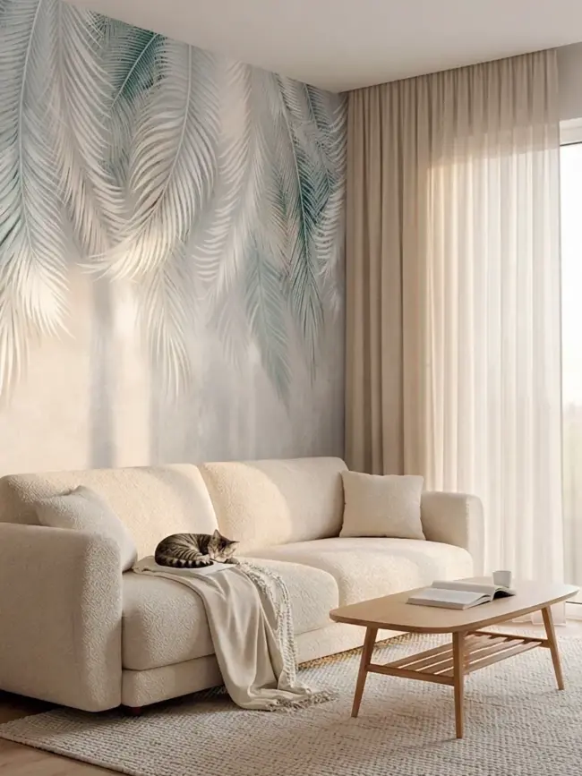 Фотообои Пальмовый туман арт: 49150 с нежными пальмовыми листьями в интерьере светлой современной гостиной с белым диваном